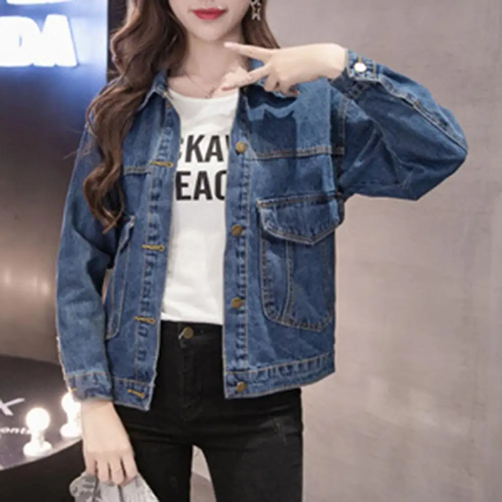 Casual Women Jacket Women Lightweight Jacket Stylish Winter Women's Denim Coat with Turn-down Collar Chest Pockets for Cold