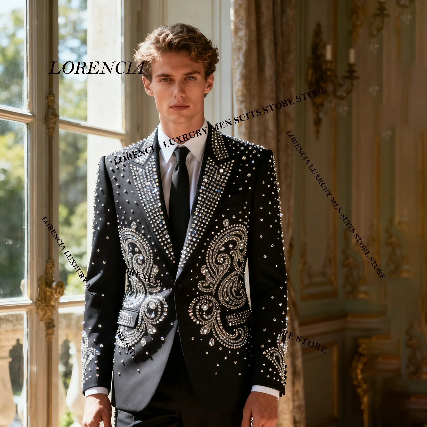 

Customized Luxury Crystal Diamond Design Men Suits Rhinestones Beaded Glitter Slim Ropa hombre 3 Pieces Sets Groom Male Blazers