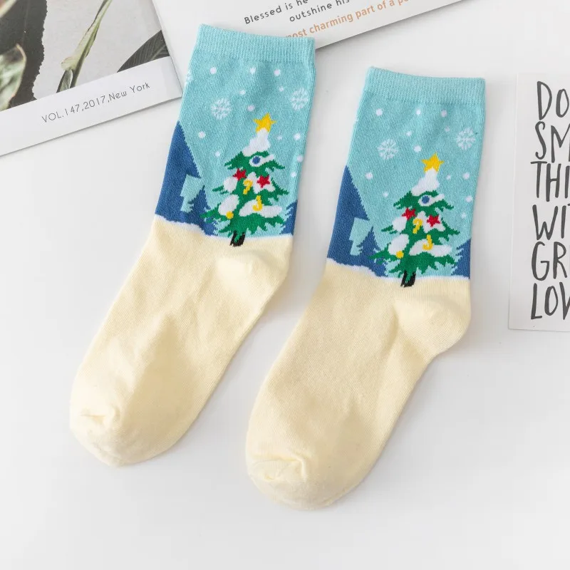 Damen mittellange Socken Weihnachten Baumwoll socke weiß unten Schneemann Elch Damenmode lustige Paar Socken