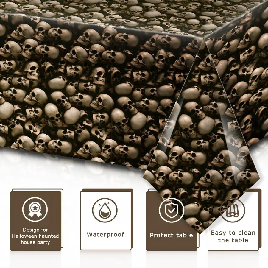Toalha de mesa retangular de Halloween, 3 peças, tema de esqueleto de cemitério, 54x108 polegadas, superfície lisa à prova d'água, catacombas, sinal de caveira bac