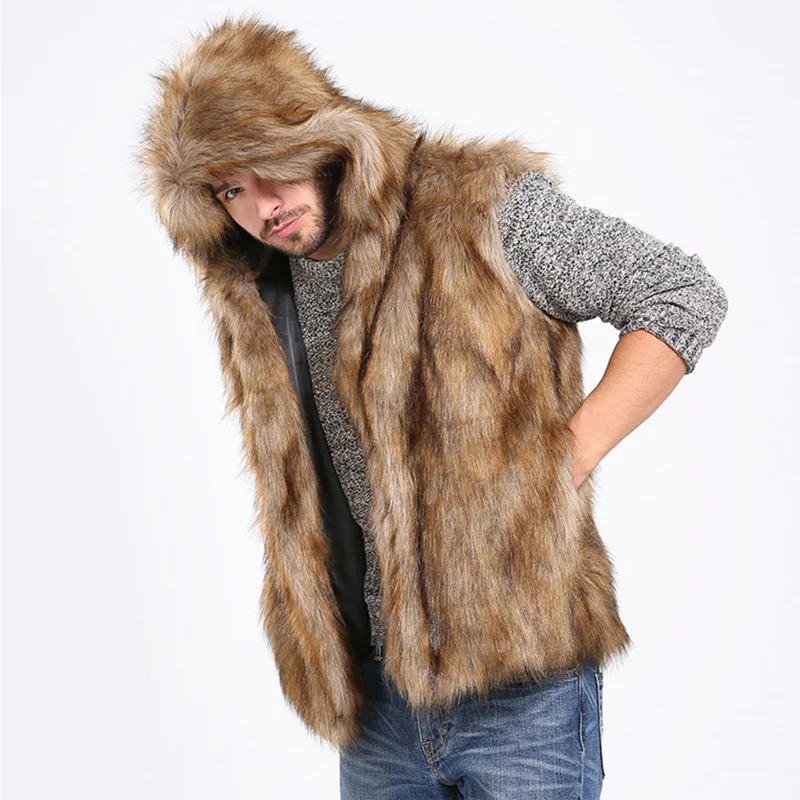 Men's Autumn/Winter Top Coat Vest Faux Fur Hooded Sleeveless Plus Warm Eco-friendly Simple Casual Design Fashion Niche Versatile