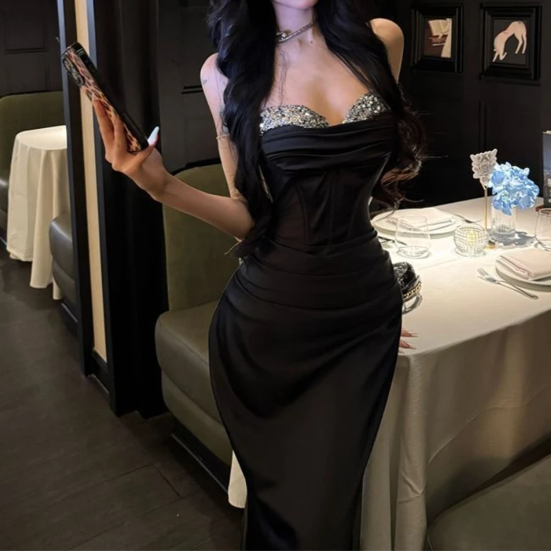 

Diamond High-end Light Luxury Niche Toast Dress, Black Morning Gown, Strapless Dress