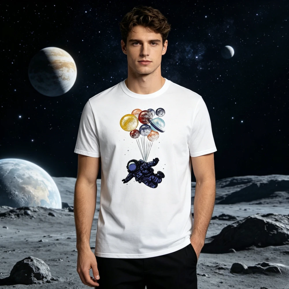 Watercolor Astronaut Floating with Planets Print T-Shirt Cosmic Art Casual Streetwear Unique Space Lover Tee Unisex Cotton Tops