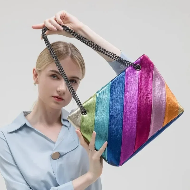 

Spliced Chain Crossbody Bag Women's Handbag Shoulder Bag Tote Bag Soft Polyester Lining Zipper Closure