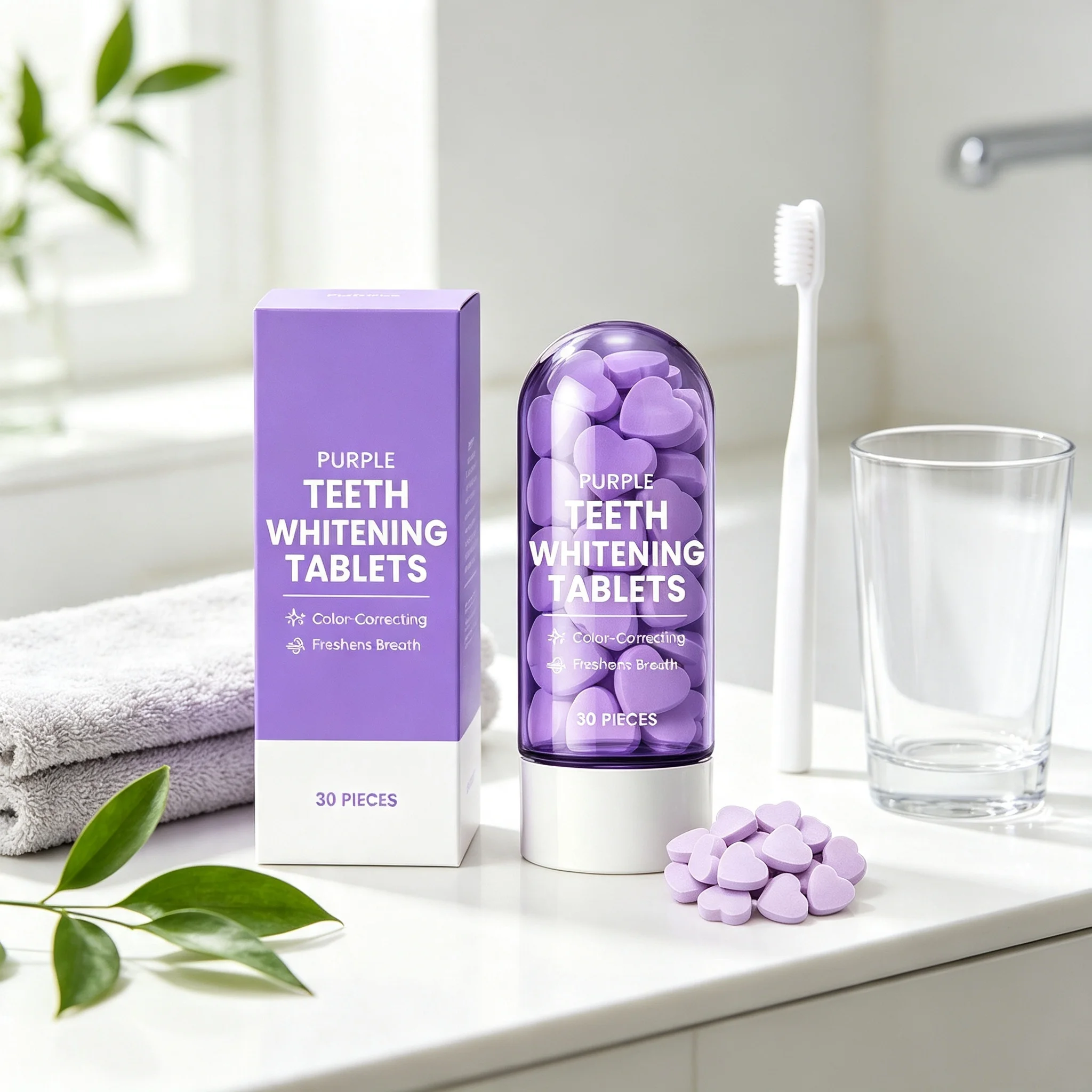 Purple Teeth Whitening Tablets, Solid Chewable Dental Tablets, Remove Surface Stains, Brighten Teeth, Freshen Breath