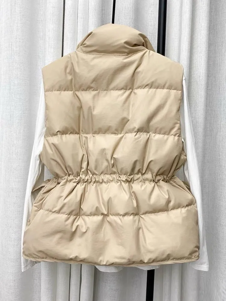 Parkas Women Vest Coats Thick Warm Sleeveless Turn Down Collar Drawstring Tight Waist Coat Single Breasted Autumn Winte Cardigan