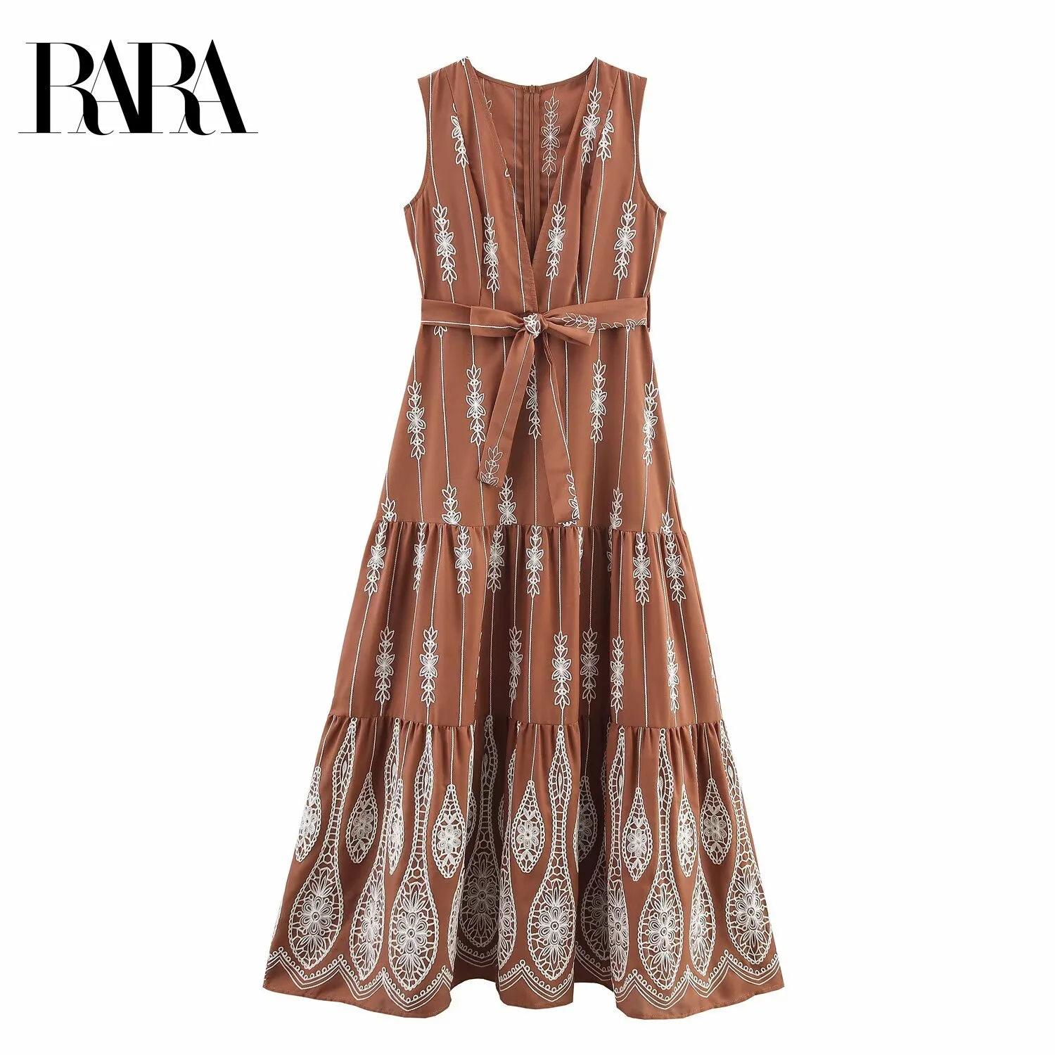 

RARA2025 new summer women's casual fashion temperament embroidered v-neck sleeveless waist slim long dress