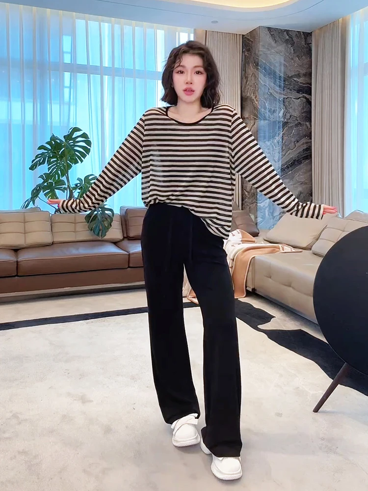 

Breathable Soft Striped Slimming Faionable T-irt Classic Long Sve round Ne Mid-Length Casual Wear Polyester Blend