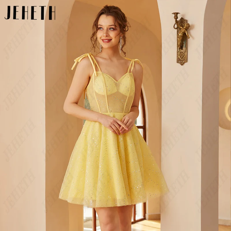 JEHETH-minivestido De fiesta De tul amarillo para mujer, mangas abullonadas desmontables, vestido De noche Vintage, línea A, lentejuelas, sin espalda minivestido De fiesta De tul amarillo para mujer, mangas abullonadas