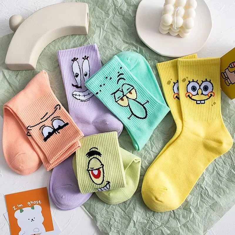 5 pairs Cute Cartoon SpongeBob SquarePants Patrick Star Socks for Men and Women Cartoon Style Tube Socks Student Cotton Socks