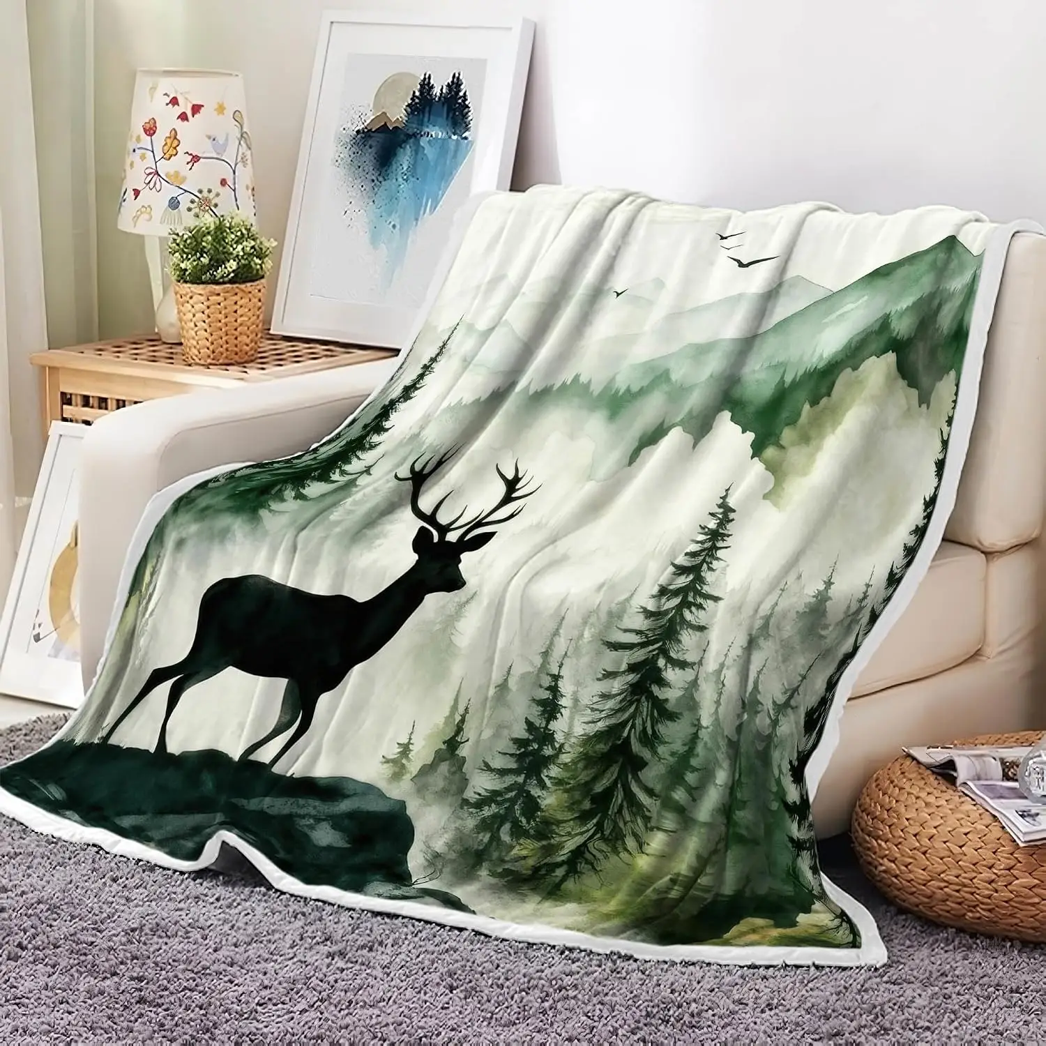 Light Green Watercolor Misty Forest Stag Deer Flannel Throw Blanket Soft Cover for Couch Indoor Nature Wild Animal Aesthetic
