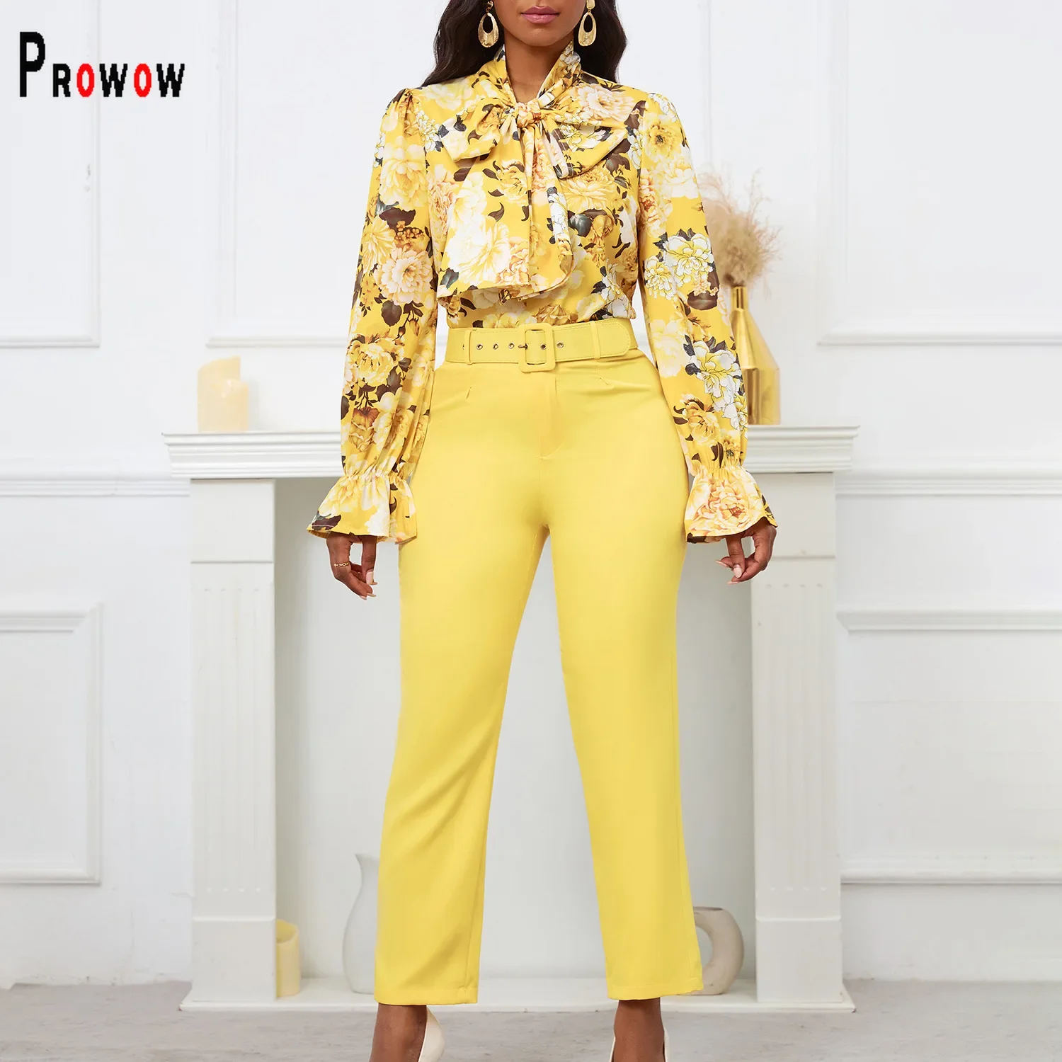 Prowow Slim Fit Office Lady Two Piece Suit Long Sleeve Bow Floral Print Blouses High Waist Pant Spring Summer Women Clothing Set