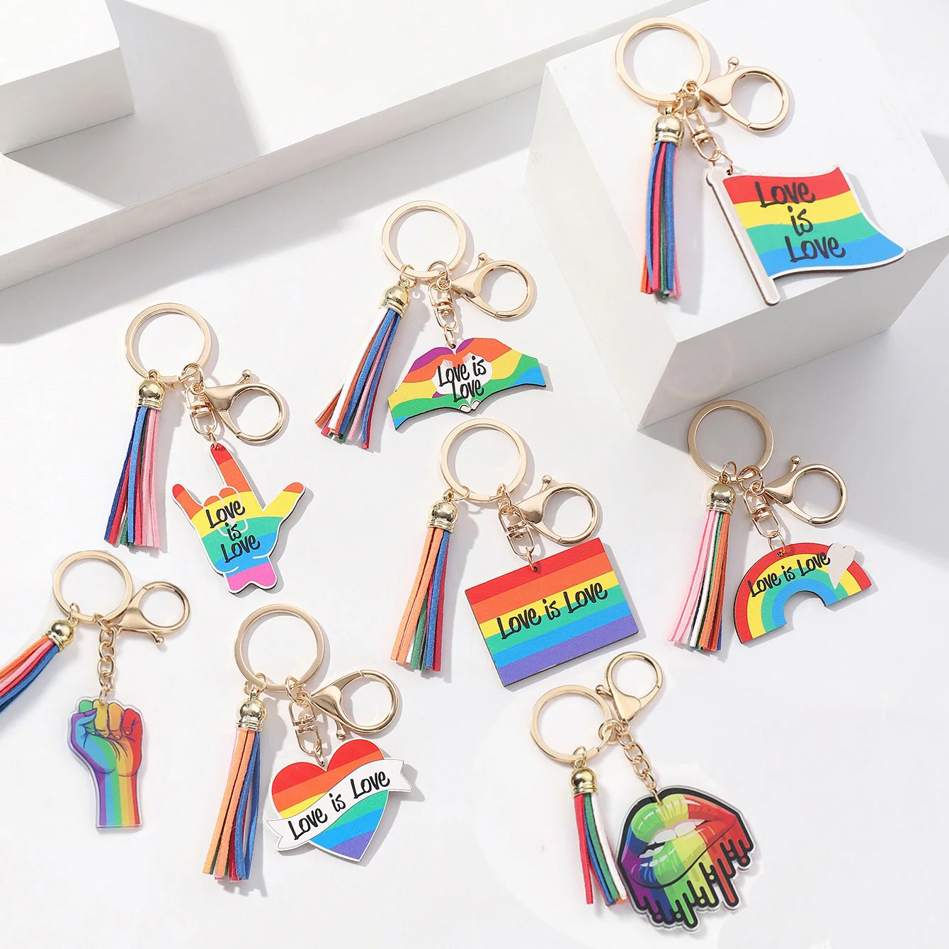 Gay Pride Flag Keychain Rainbow Heart LOVE is LOVE English Letter Tassel Hanging Key Ring