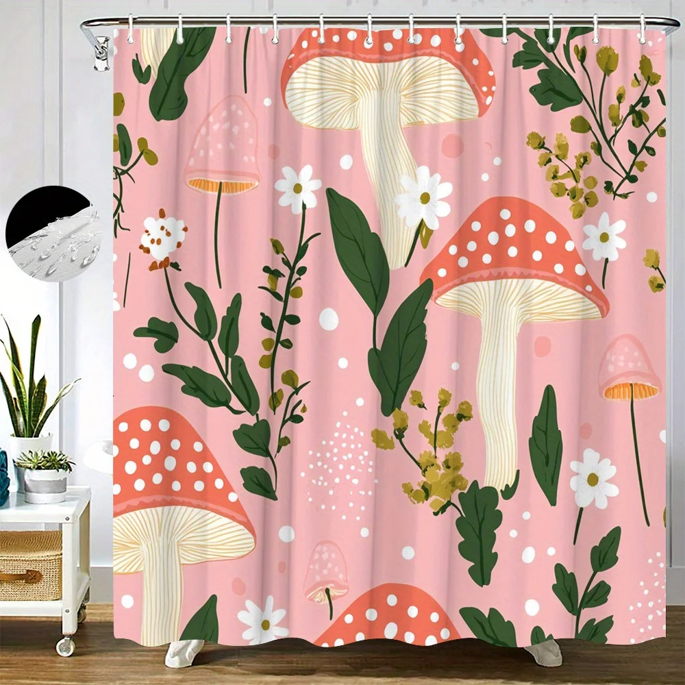 

Игривая занавеска для душа с грибами: розовый фон с красными грибами-гусеницами, белыми цветами и зелеными листьями, водонепроницаемый полиэстер.