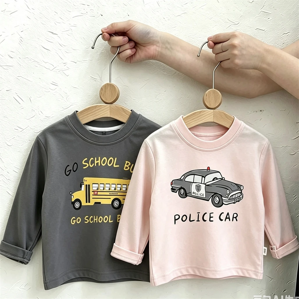 2026 New Design Long Sleeve Boys And Girls Pink Coffee Beige Blue T Shirt Crewneck Pullovers Toddler Casual Sports Thin Tops