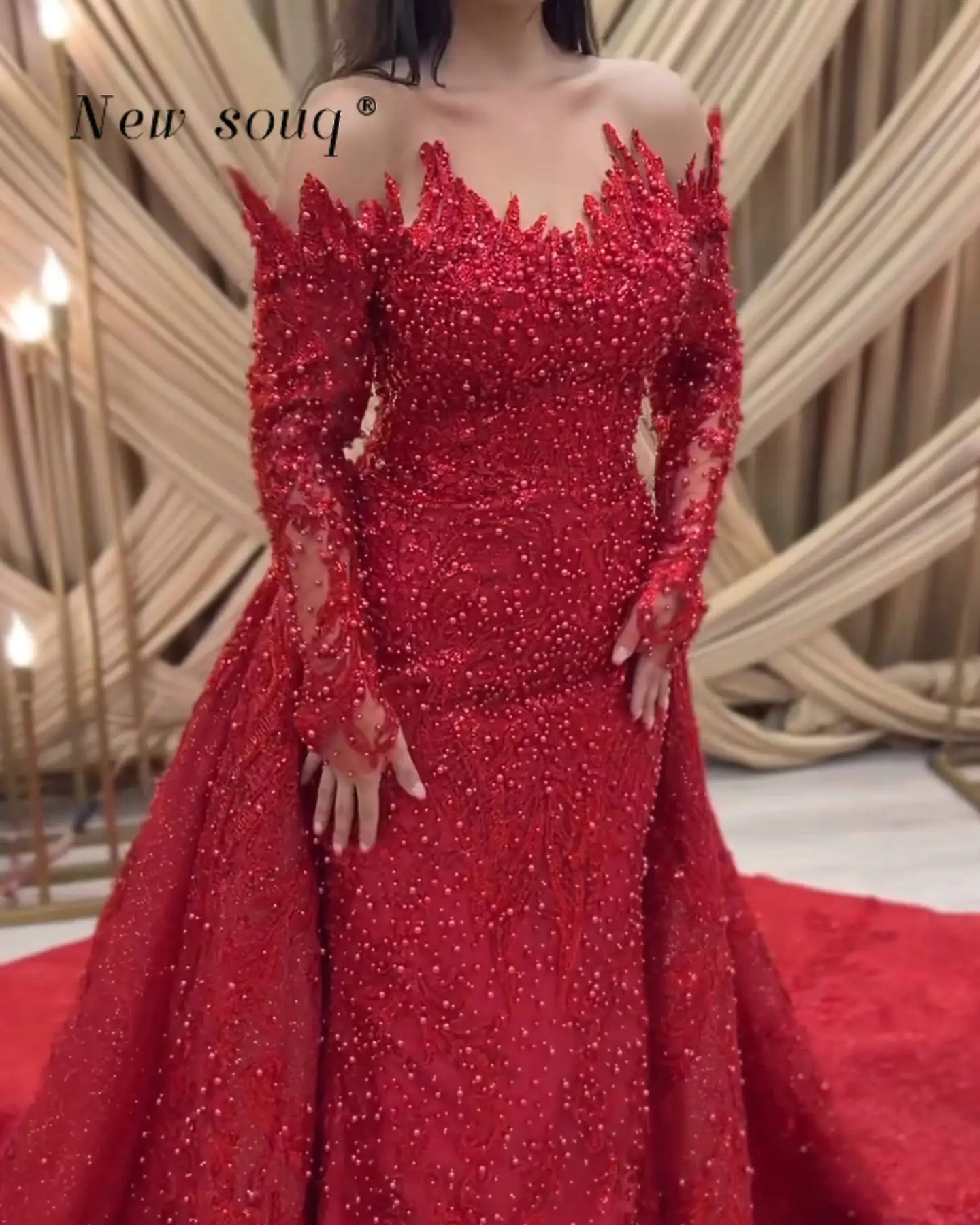 Arabic Red Off Shoulder Long Sleeves Mermaid Evening Dresses with Detachable Train Elegant Beaded Formal Gowns for Wedding Party