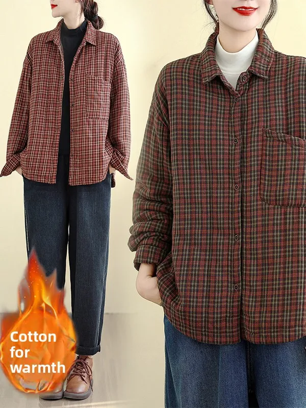 

Теплый повседневный хлопковый тюнер, женское клетчатое пальто больших размеров с воротником на одной пуговице, корейское художественное свободное зимнее пальто...