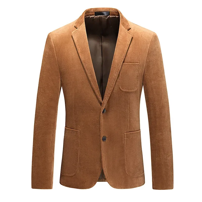 

2023 Men's Corduroy Striped Brown Jacket Suit with Two Button Solid Color Business Suit