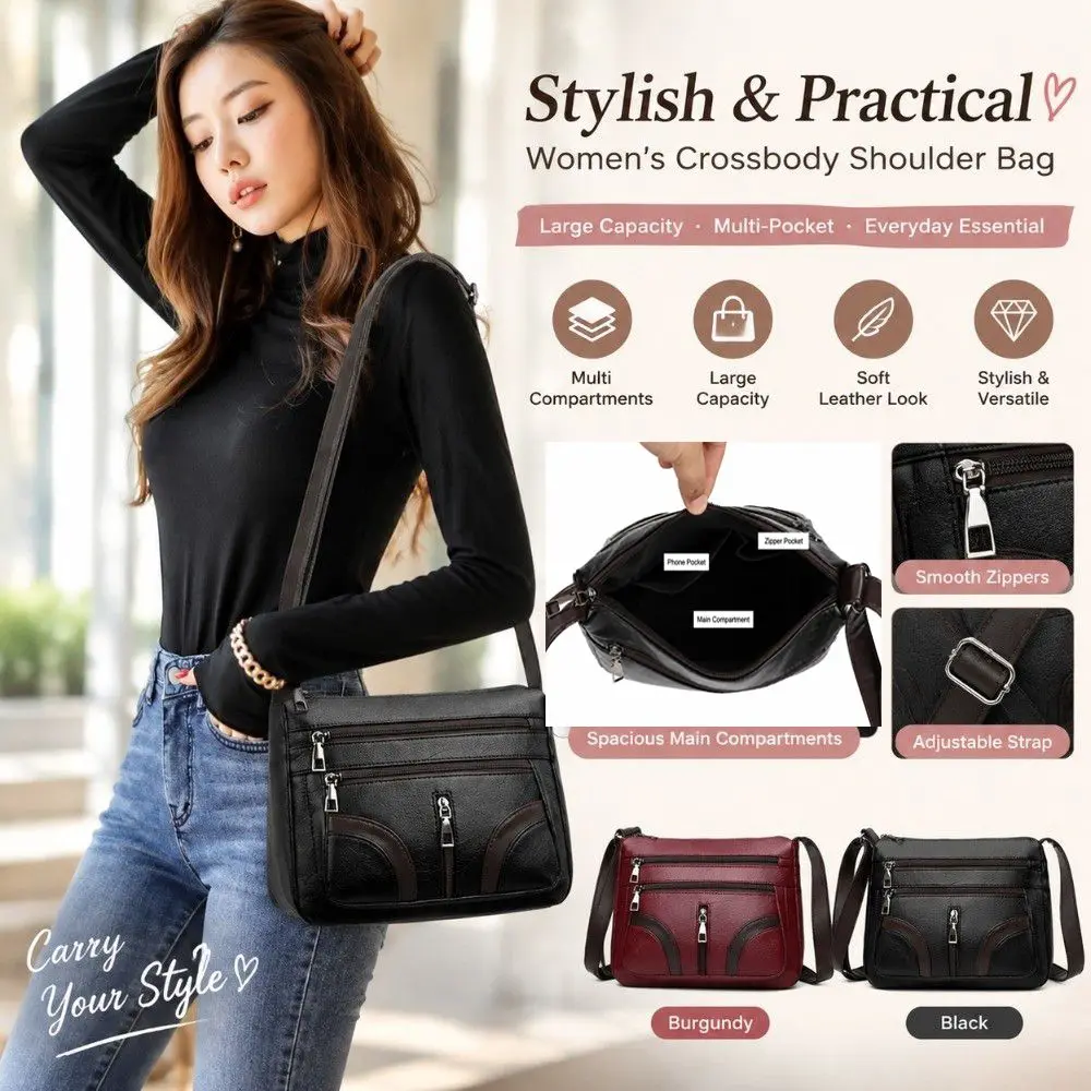New PU Leather Shoulder Bag Large Capacity Multi-layer Tote Bag Vintage Waterproof Crossbody Bag For Women Daily