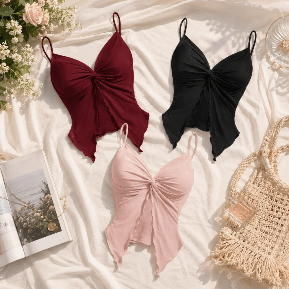 Tank Top Twist Front Split Crop Top V Neck Y2K Sleeveless Camisole Slim Fit Streetwear Halter Neck Top Casual Wear