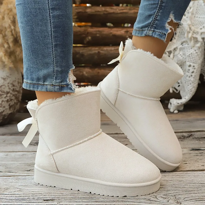 2026 Winter Damen Schneestiefel mit dicker Sohle, modische Schleife, Designer-Klassiker, lässiger Stil, warme mittelhohe Baumwollstiefel, Übergröße