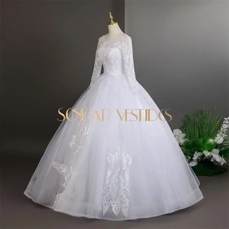 Suknia ślubna z długim rękawem, czysta biel, luksusowa koronka, rozmiary plus size, szyta na miarę, nowość 2025