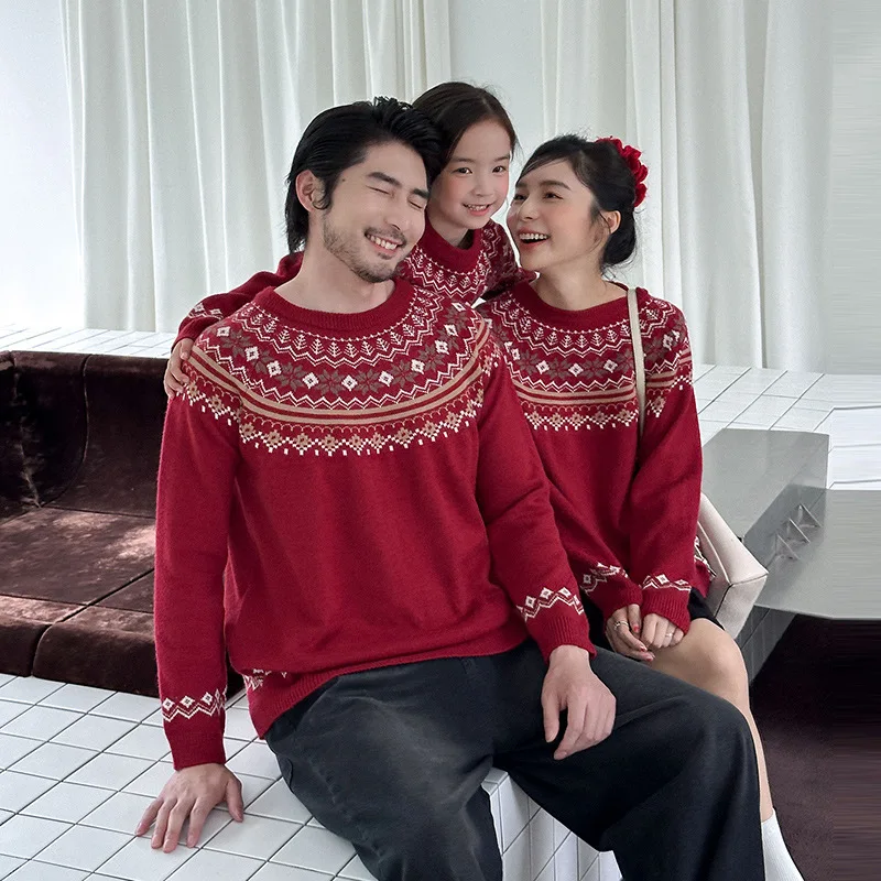 Red Sweater Family Set for Parents & Kids Christmas New Year Outfit Knitwear Trendy Warm Fleece Pullover Unisex Toddler Clothes