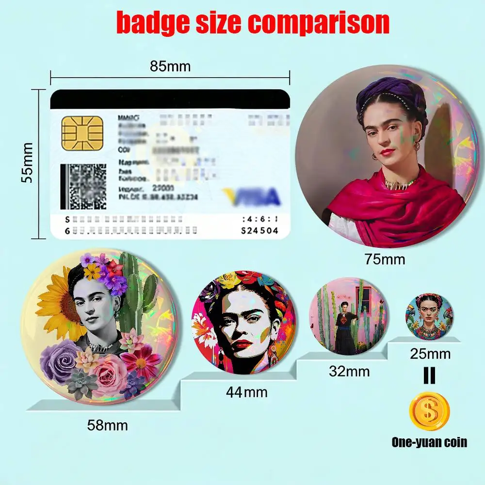 I am the subject I know best Frida Kahlo 58mm 44mm Round Pins Creativity Printed Pictures Text Metal Lapel Badges Brooches