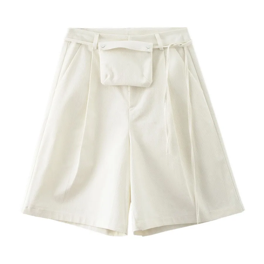 Classic High Waist Wide Leg Jeans orts Women's Summer Loose Feel Pants with Waist Bag Korean Sle Polyester Cotton Blend