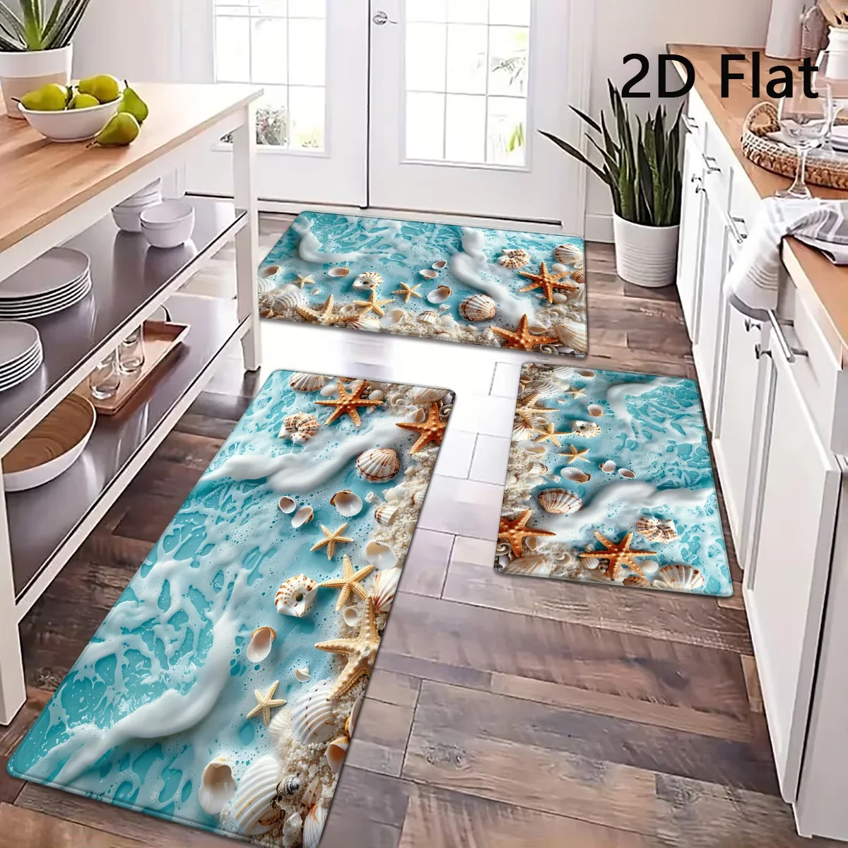 Coastal 3D Ocean Beach Kitchen Rug Non Slip Sea Shell Starfish Floor Mat Washable Long Runner for Hallway Laundry Room Rug