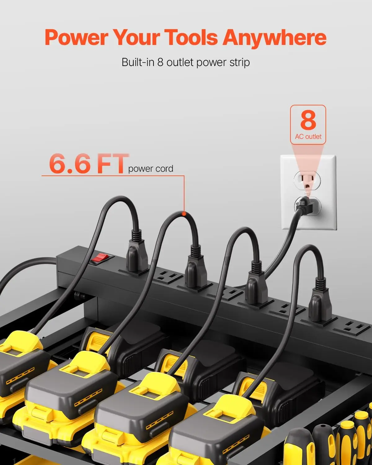 5-Tier Tool Organizer Cart with Charging Station, 8 AC Outlet, Floor Stand Rolling Drill Holder and Tool Battery Storage Rack on