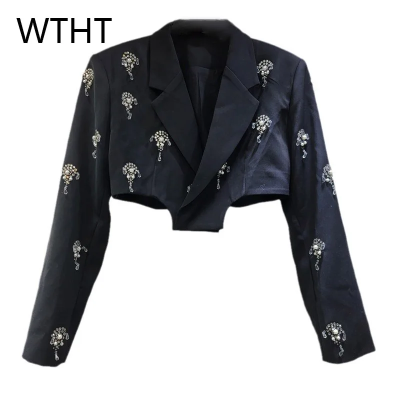 WTHT New Fashion Women's Spliced Diamonds Pearl Slim Blazer 2025 Spring Turn-down Collar Long Sleeves Jacket Female 1LS7100