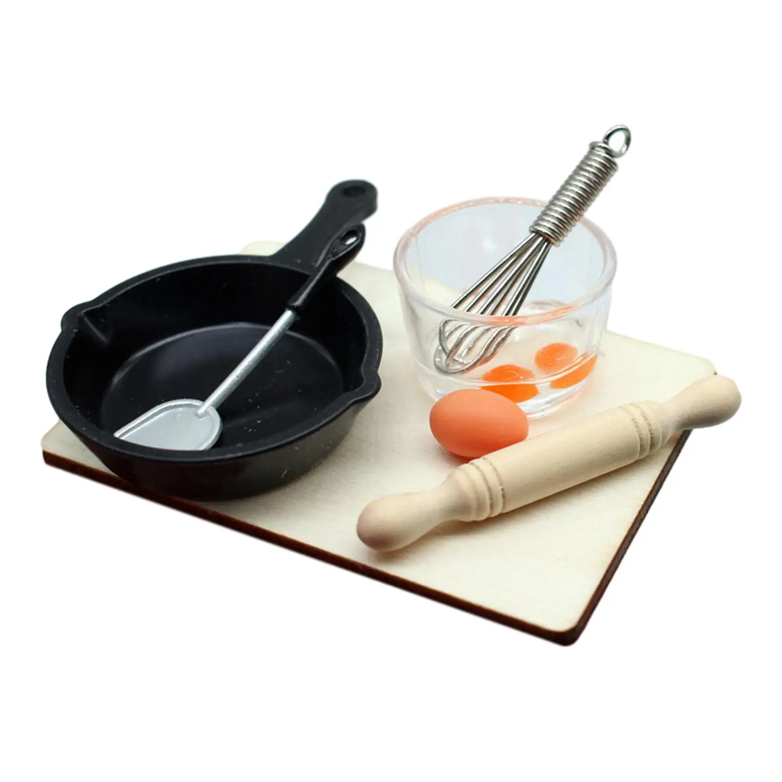 Cozinhar Ferramenta para Dolls House, Cozinhar Ferramenta, Incluindo Ovo, Rolling Pin, Tábua de Corte, Tigela, Batedor, Panela e Espátula, Brinquedos Móveis, 7x1:12