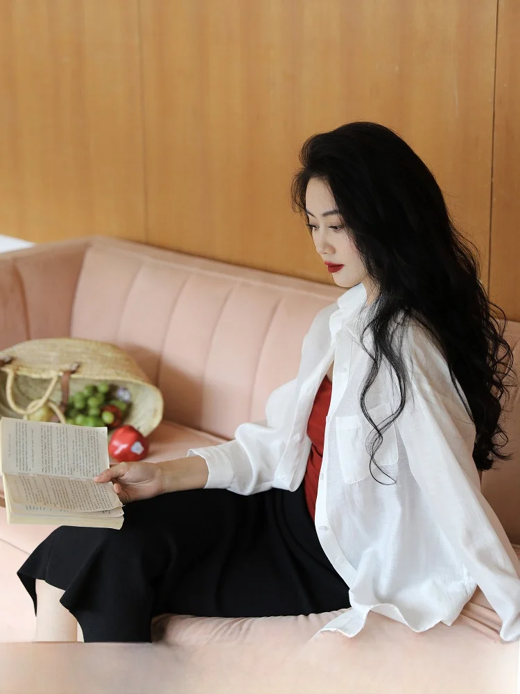 White Acetate Linen Women's irt Cool Sensation Thin High End Sun Protection Straight Cut Long Sve Button up Office irt
