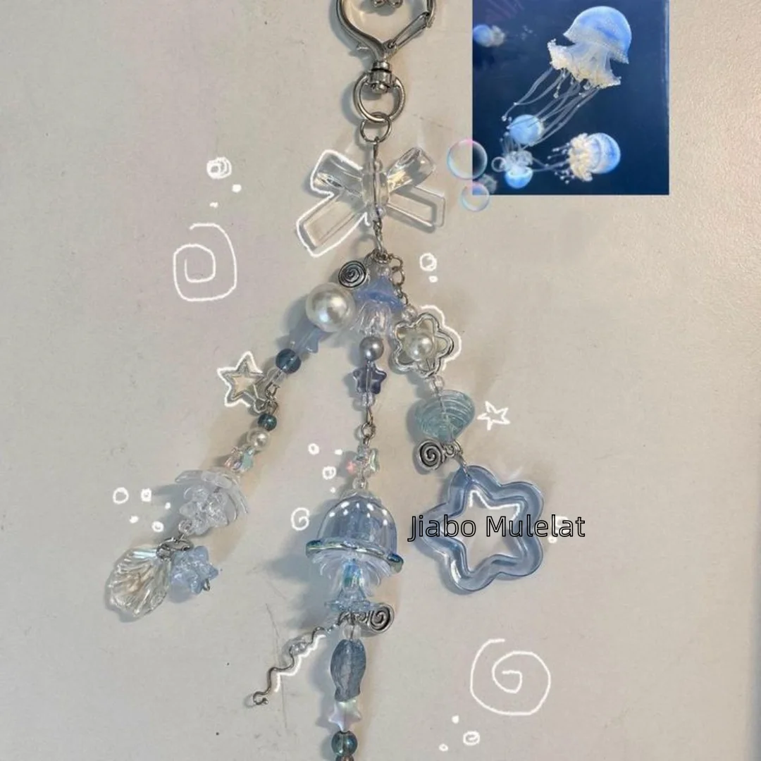 Y2k handmade white bow dot light blue jellyfish keychain