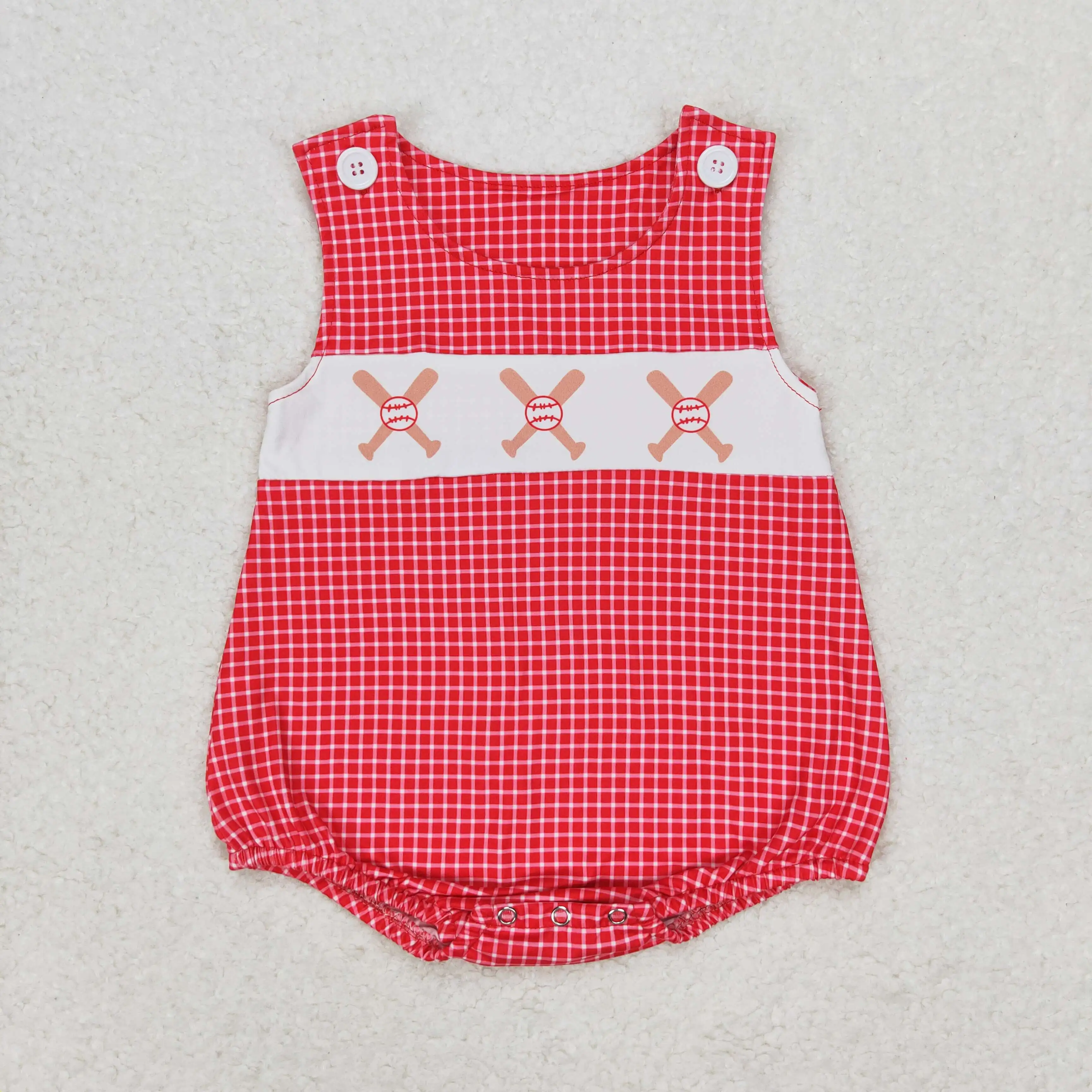 SR1338 toddler baby rompers boys Baseball red plaid vest jumpsuit Wholesale Summer Boutique baby boys rompers