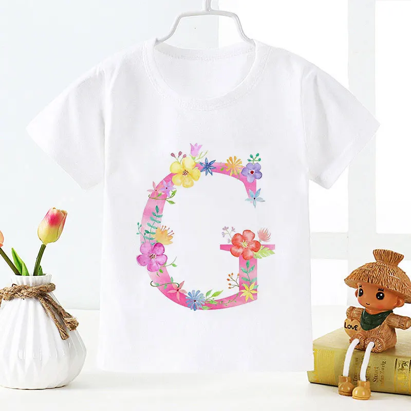 Girls Plant Letter Name T-shirt Kawaii Streetwear Unisex O Collar Summer Novelty Kids Clothes