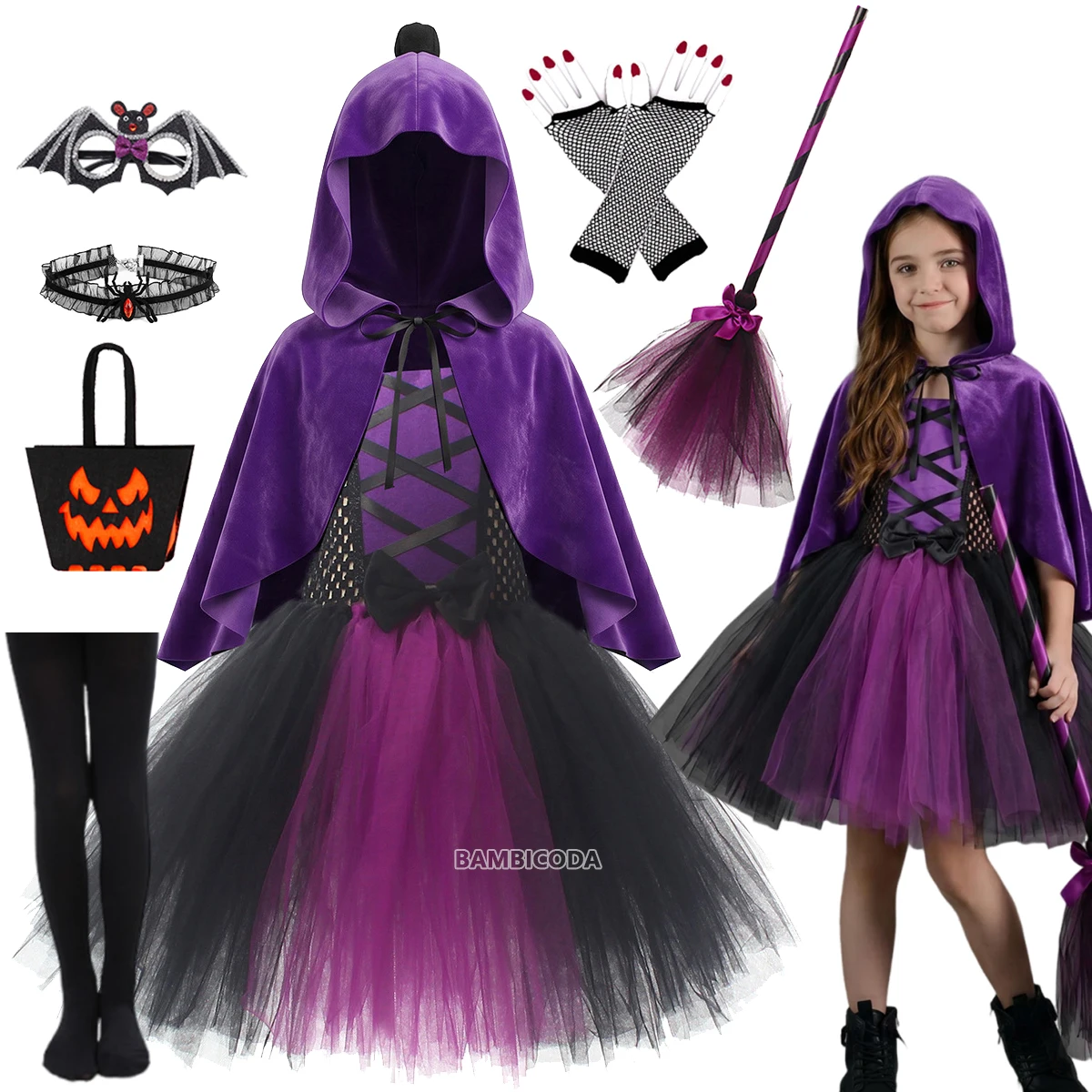 Disfraz de Bruja Malvada para Niñas, Vestido Tutú Morado, Ropa de Fiesta de Carnaval de Halloween para Niñas con Capa, Escoba, Bolso y Vestido de Gala