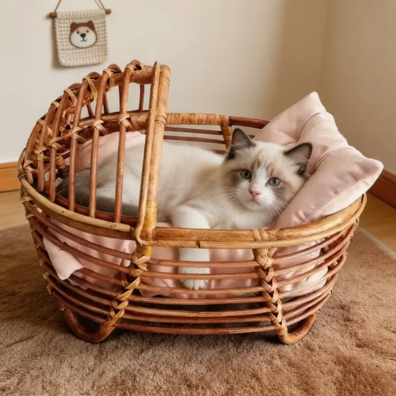 

Natural Rattan Cat Bed Basket Handwoven Cat Photography Prop Wicker Pet Bed for Indoor Cats Mini Photo Shoot Bed for Kittens