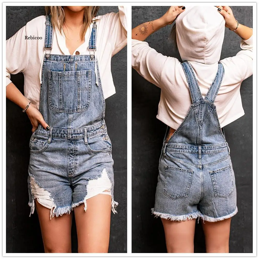 2021 Phụ Nữ Mới Mùa Hè Quần Short Denim Jumpsuit Cổ Retro Rách Dây Đeo Quần Short Jean Jumpsuit Chất Lượng Hàng Đầu Thả Vận Chuyển