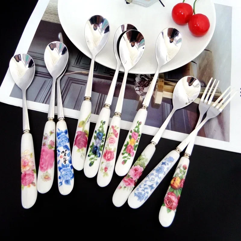 6Pcs/Set Stainless Steel Ceramic Handle Tea Spoon Creative Coffee Spoon Honey Dessert Ice Cream Spoon Small Teaspoon 18*2.5cm