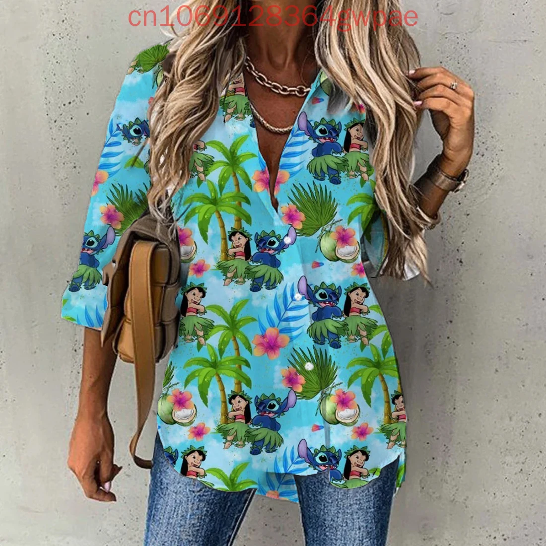 2025 Disney Stitch Casual blouse Dames shirt met lange mouwen Knopvest Elegant 3D Ademend Dames Hawaiiaanse shirts Tops