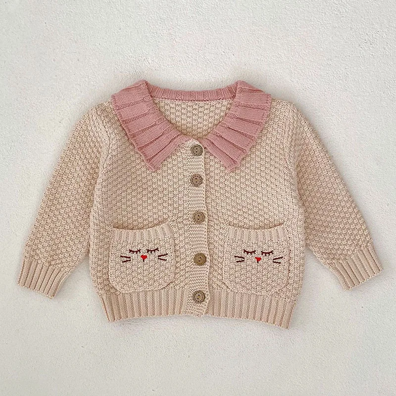 

2024 New Autumn Toddler Baby Girl Knitting Cardigan Long Sleeve Splicing Embroidery Cardigan Coat Newborn Baby Girls Sweater