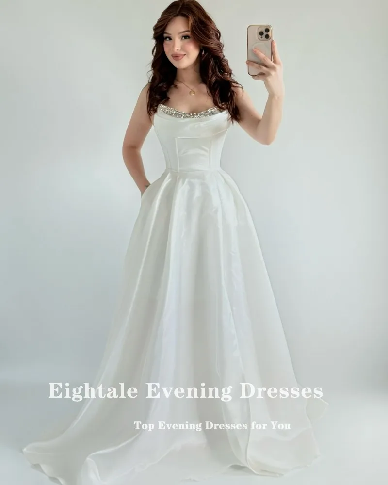 Eightale ピーチイブニングドレス ストラップレス ビーズ スパンコール カスタマイズ フロアレングス A ライン サテン プロム ウェディング パーティー ドレス