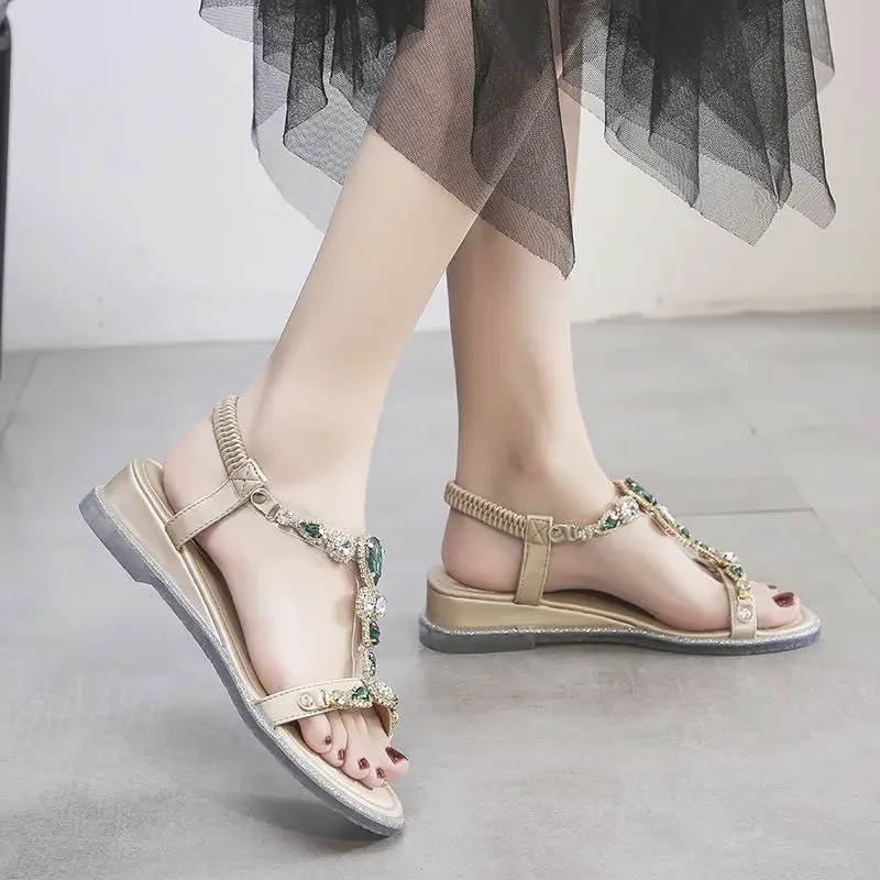 Diamond Wedges Heel Rhinestones Woman Shoes Flat Rubber No Sandals for Women 2024 Luxury Vip Trend Summer Comfortable Trending