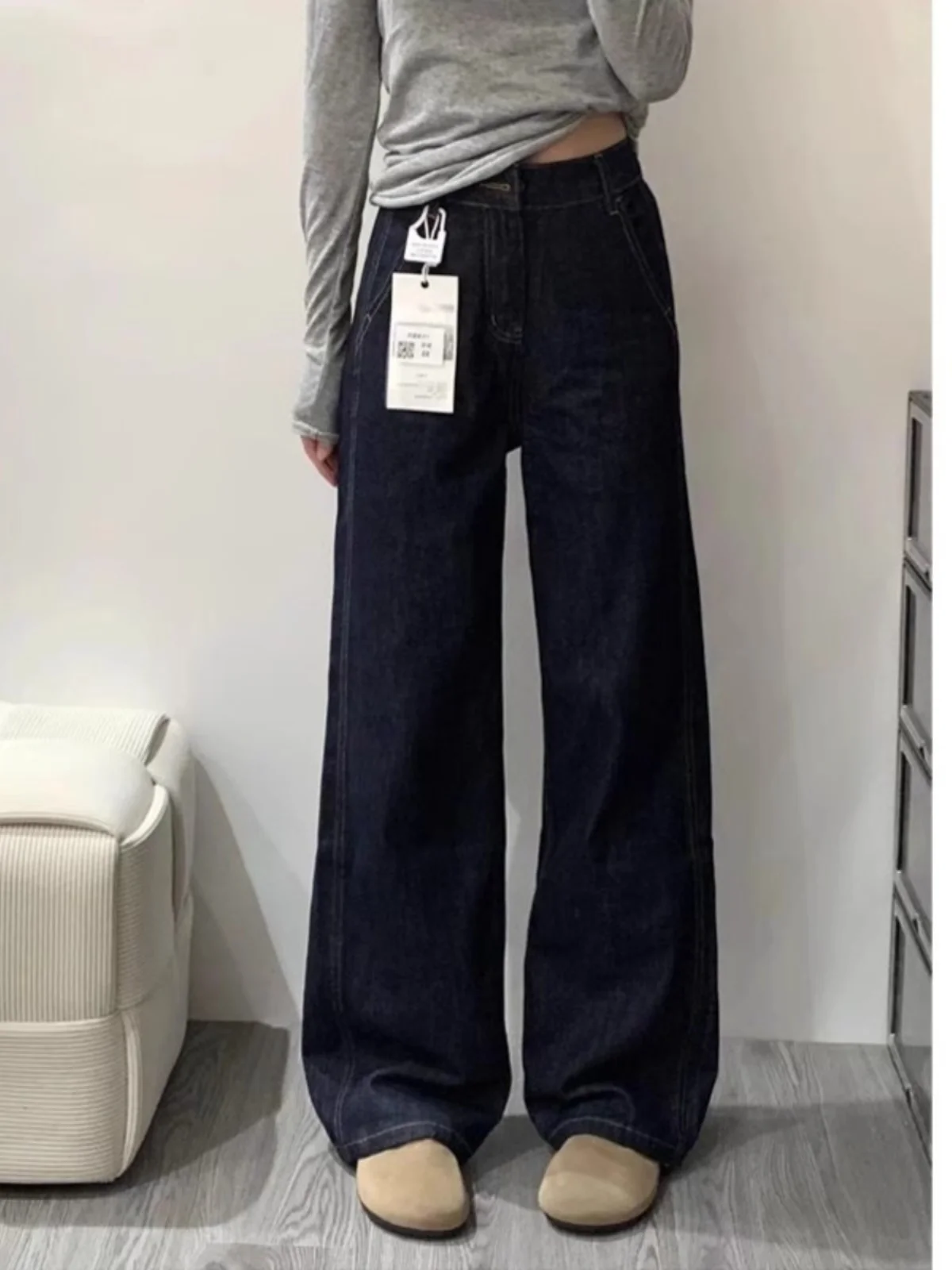 プラスサイズの女性用厚手フリース裏地付きルーズワイドレッグジーンズハイウエストストレートカットカジュアルスタイル防シワロングパンツ