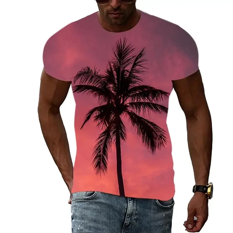 Summer New Men's Printed Natural Scenery Palm Tree Pattern T-shirt Hip Hop Harajuku Personalized Round Neck Short Sleeve Fashion