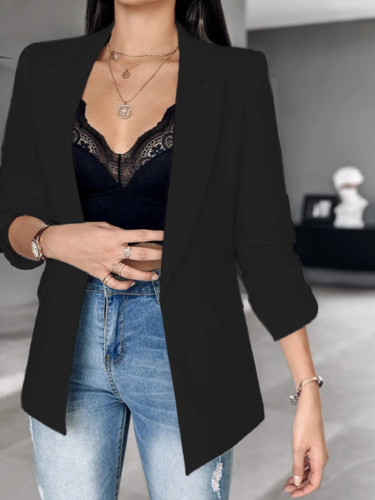 Spring Autumn Patchwork Simple Blazers, Women Long Sleeve V Neck Fashion Outerwear, 2024 Solid Straight Ladies Coats Streetwear