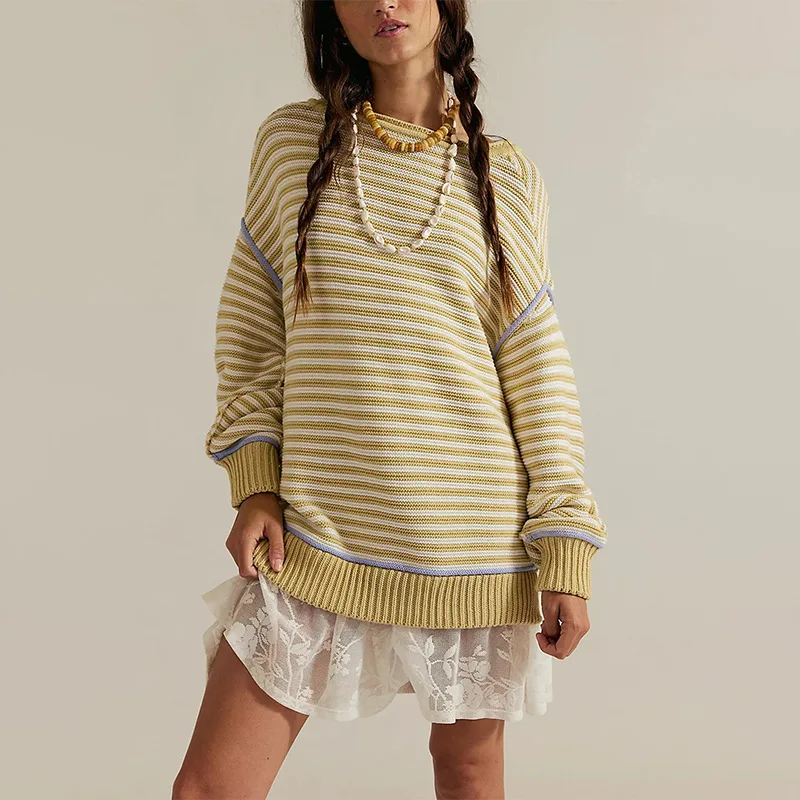 2025 New Ropa De Mujer Autumn And Winter Striped Knitted Tops For Woman Round Neck Pullover Loose Long Sleeved Commuting Sweater