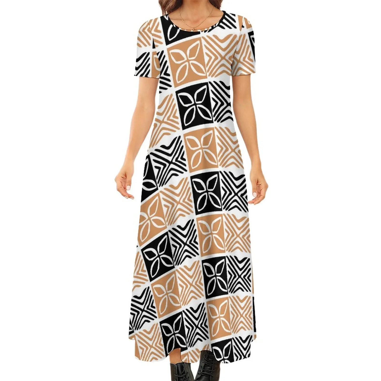 

Samoan Women'S Summer Women'S Short Sleeve Dress Polynesian Island Design Long Skirt Support Customization